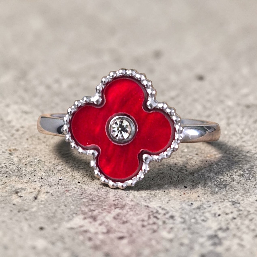 Elegant Red Stainless Steel Clover Ring - Size 9